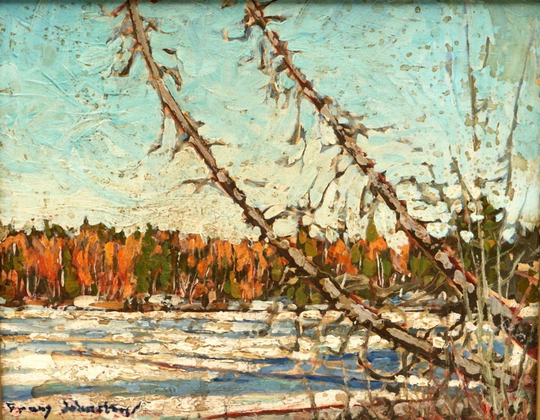Franz Jonston "Spring on the River" Oil Painting on Board: Franz Johnston (Canadian, 1888–1949) Spring on the River Oil painting on board Measurements: 9 1/2" W x 8" H Framed dimensions: 14" W x 12" H A sensitively composed oi