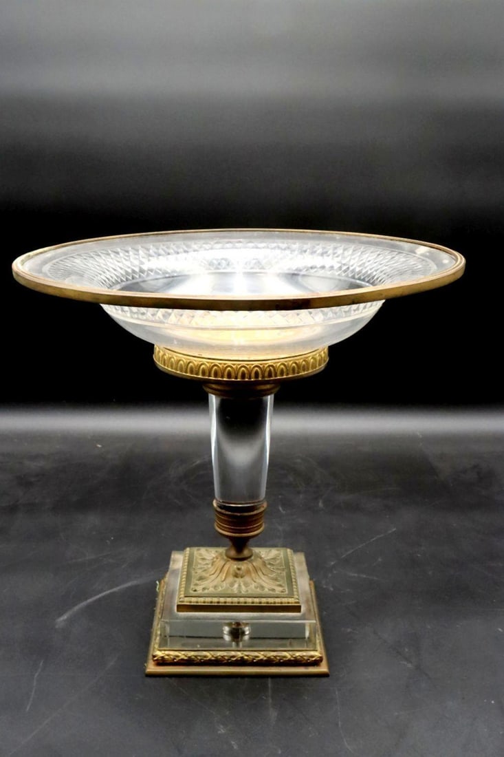 Late 19th C. Neoclassical Gilt Glass Tazza: NEOCLASSICAL CUT GLASS AND GILT TAZZA, LIKELY FRENCH, LATE 19TH–EARLY 20TH CENTURY Dating: Late 19th–Early 20th Century Measurements: 10 1/2 in. diameter × 10 in. high A finely p
