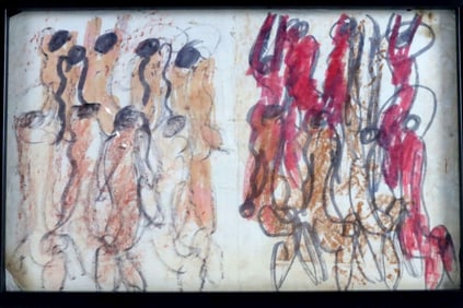 Purvis Young "Overtown Gathering" Colored Etching on Paper