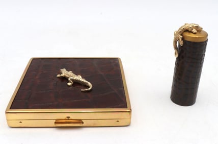 Vintage Ciner Embossed Leather Compact and Lipstick Holder