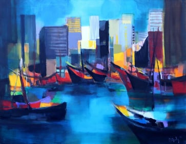 Marcel Mouly "Le port de Dubai" Acrylic on Canvas
