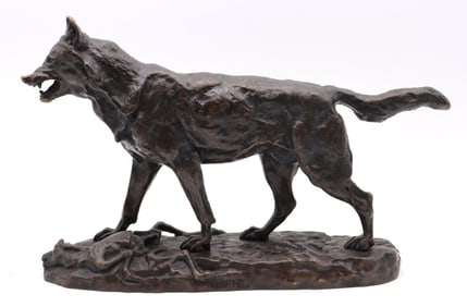 Antoine Barye (French, 1796-1875) "Growling Wolf" Bronze Sculpture