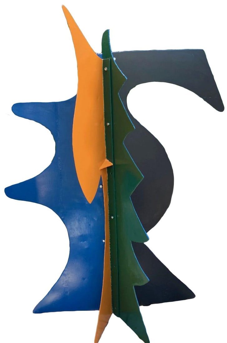 David Hayes (American, 1931-2013) "Arc Wing" Polychrome Steel Sculpture: David Hayes (American, 1931–2013) Arc Wing circa 2001 Measurements: height 77 1/2 in. (196.9 cm); width 61 in. (154.9 cm) Polychrome painted steel. Vertical abstract sculpture composed of