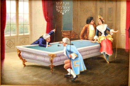19th C. German "Billiards Scene" Hand Painted Porcelain Plaque