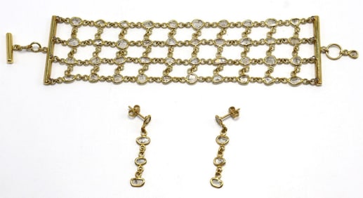 Vintage 18Kt Yellow Gold & Diamond Sliced Bracelet & Earrings Suite