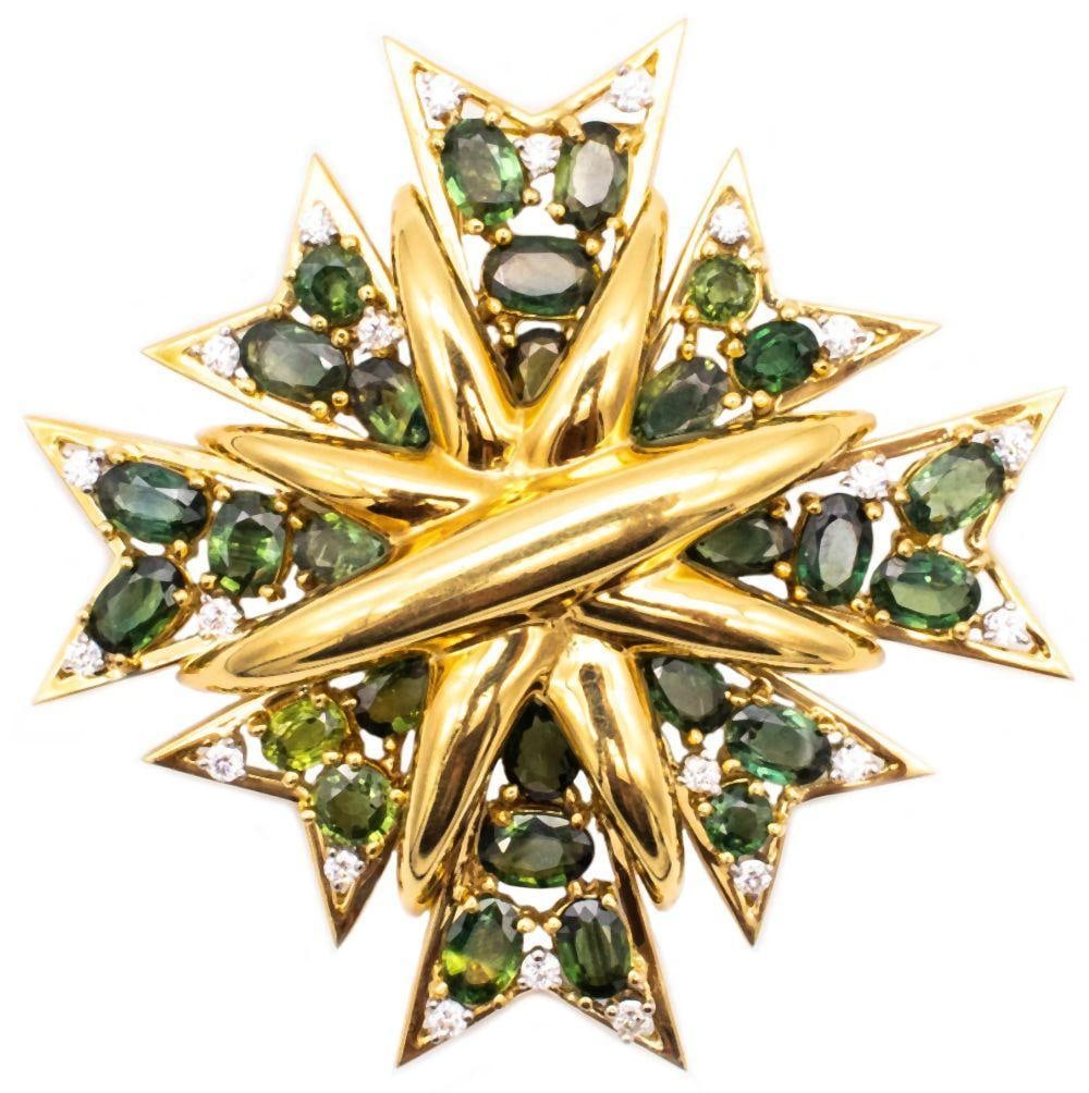 Verdura 18Kt Tourmaline & Diamond Maltese Cross Pendant/Brooch: Verdura (Italian/American) Jeweled Maltese Cross Pendant-Brooch circa 1950 Measurements: approximately 58 mm × 58 mm (2.28 × 2.28 in.) 18K yellow gold, tourmaline, and diamond pendant-brooch