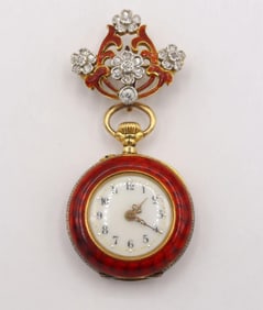 Vintage 18Kt Guilloche Enamel & Diamond Pocket Watch Brooch