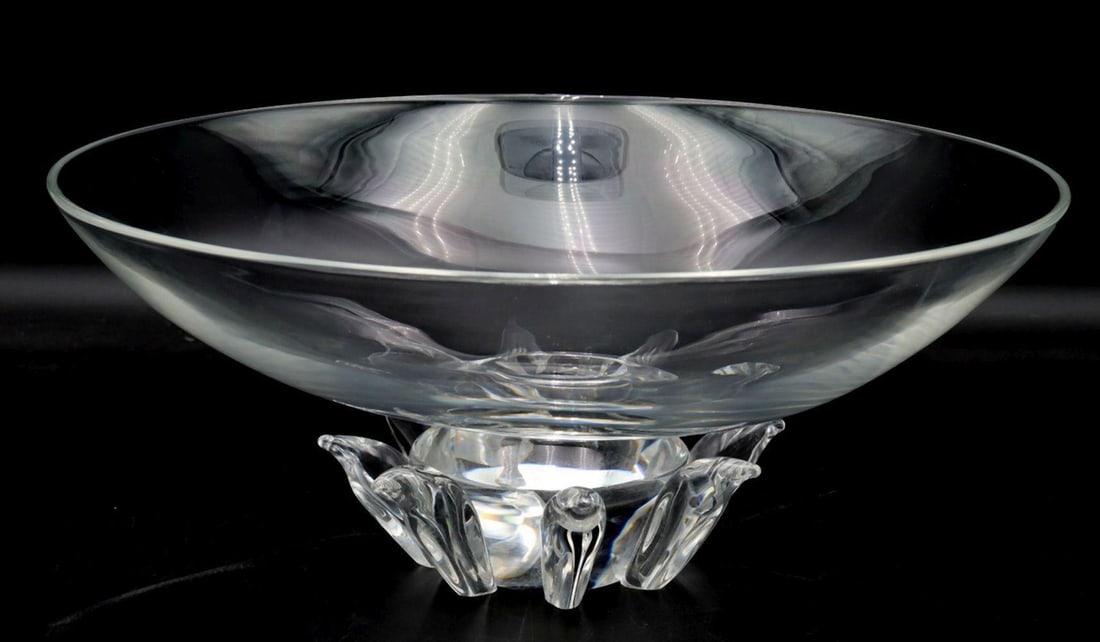 Steuben "Peony" Glass Bowl: Donald Pollard (American) Steuben “Peony” Bowl Glass 6 in. high x 13 in. diameter Designed by Donald Pollard for Steuben, this glass bowl features a wide, shallow form centered
