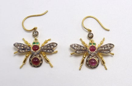 Vermeil Sterling Silver Ruby & Diamond Bee Earrings