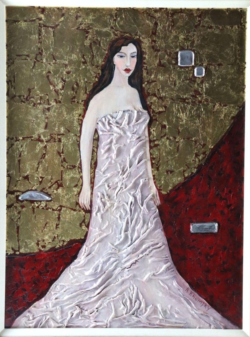 Alexander Khomsky (Russian, b. 1954) Oil & Gold Leaf Painting on Canvas: Alexander Khomsky (Russian, b. 1954) Untitled (Oil and Gold Leaf Composition) An oil and gold leaf painting on canvas by Alexander Khomsky, signed at the lower right. Measuring approximately 23 x 29