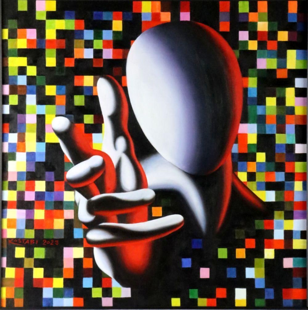 Mark Kostabi "Chromatic Control" Oil Painting on Canvas: Mark Kostabi (American, b. 1960) "Chromatic Control" Oil Painting on Canvas, 2023 Measures approx. - 28" W x 28" H Total With Frame approx. - 37" W x 37" H Depicting a stylize