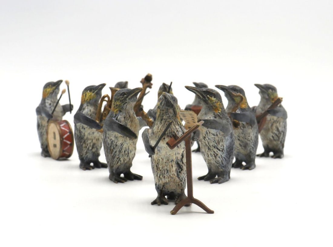 Rare Set of Franz Bergman Bronze Penguin Band: Franz Xaver Bergmann (Bergman) (Austrian, 1861-1936) Set of 10 Cold-painted bronze penguin figurines, Early 20th century Measurements: Each approximately 2 in. H × 1 in. W An Austrian figural gro