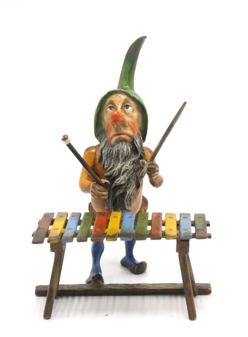 Franz Bergmann "Xylophone Gnome" Cold-Painted Bronze Sculpture: Franz Xaver Bergmann (Bergman) (Austrian, 1861-1936) Xylophone Gnome Early 20th Century Measurements: approximately 3 in. H x 2 in. D x 2 in. W Cold-painted bronze figural sculpture depicting a