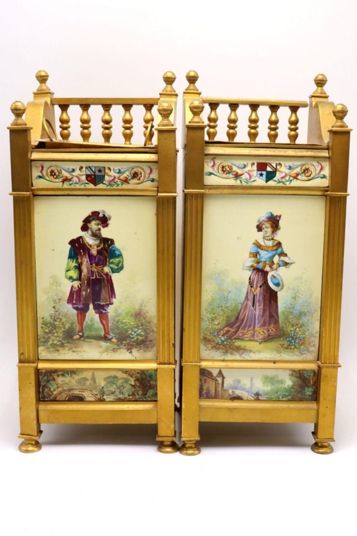 Pair of French Bronze and Hand-Painted Jardinières: Pair of French Bronze and Hand-Painted Jardinières French, late 19th century 10 in. high x 4 in. wide x 3 1/2 in. deep A matched pair of French bronze jardinières, each of rectangular form