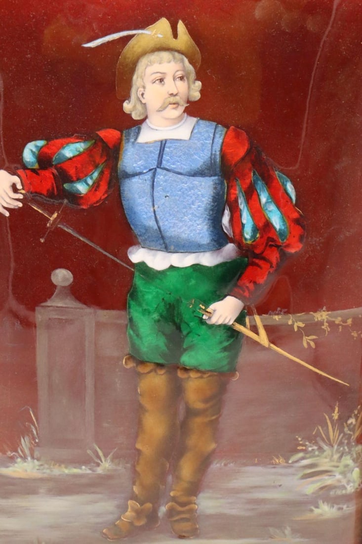 Late 19th C. Limoges Enamel on Copper Plaque: Limoges Standing Cavalier with Rapier Sword Late 19th C. Hand Painted Enamel on Copper Plaque Measures approx. - 6" wide x 10" high Total with frame - 13" wide x 17" high, including fr