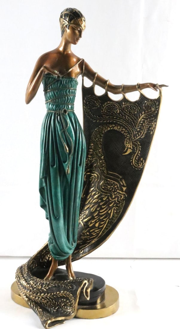 Erte "Emerald Night" Cold Painted Bronze Sculpture: Erté (Romain de Tirtoff) (Russian, 1892–1990) Emerald Night Measurements: 21 1/2 inches high x 12 inches wide Cold painted bronze sculpture Limited edition cold painted bronze sculpture