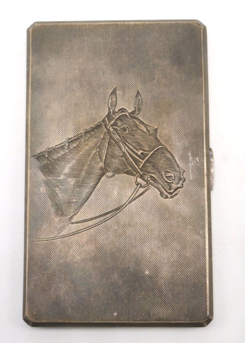 A. Wilcox, Birmingham Horse Head Sterling Silver Card Case: A. Wilcox, Birmingham. Sterling Silver Card Case with Horse Head Motif. English sterling silver card case produced in Birmingham by A. Wilcox. The rectangular case is decorated to the front with a fi