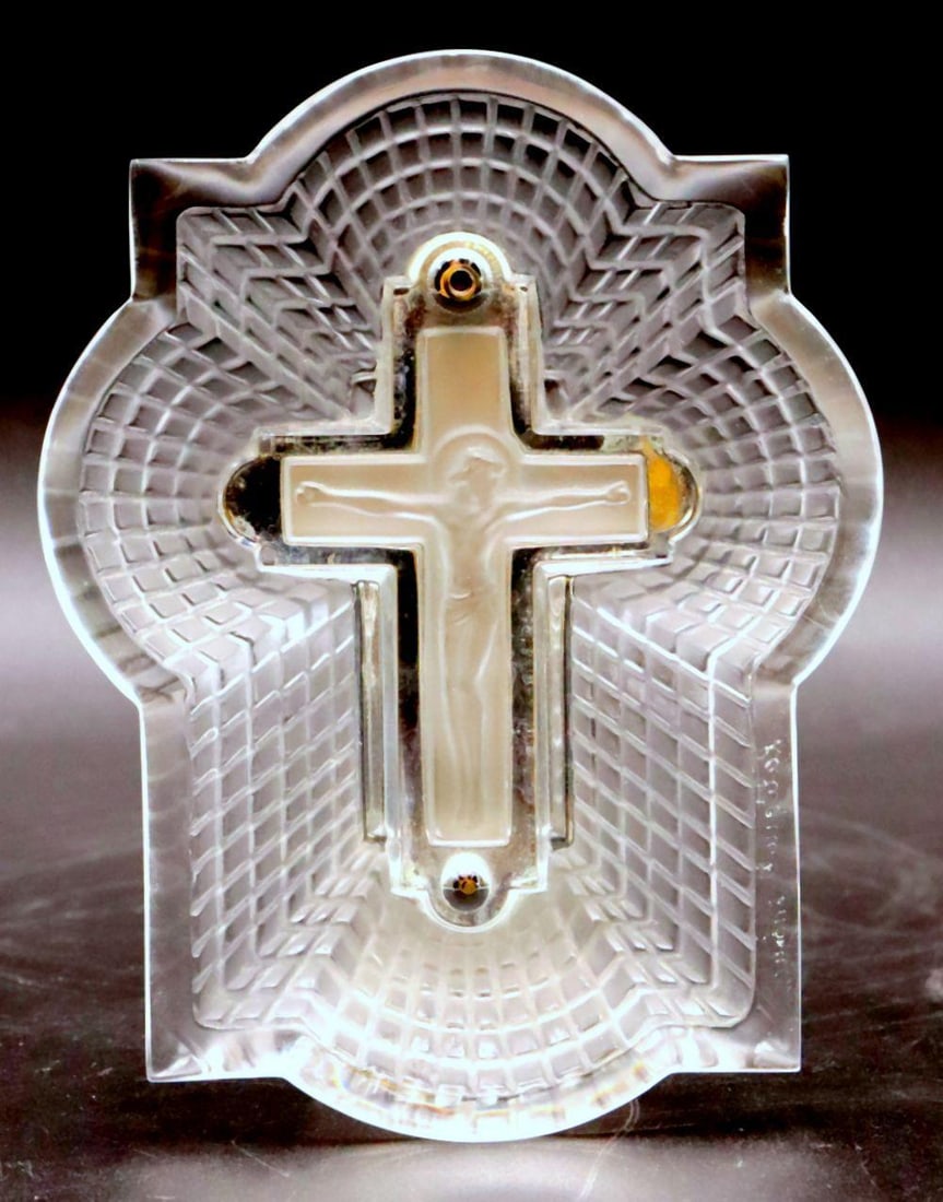 Lalique “Petit Croix” Frosted Glass Plaque: René Lalique (French, 1860–1945) Petit Croix, Christ on Cross Plaque France, mid-20th Century Measurements: approximately 3 1/2" wide x 5" long A molded and frosted glass plaque de