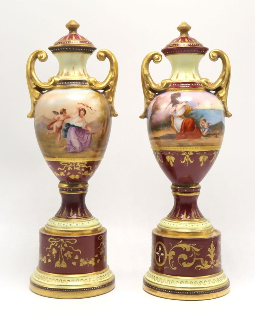 Pair of Royal Vienna Hand Painted Porcelain Covered Urns (1 of 7)