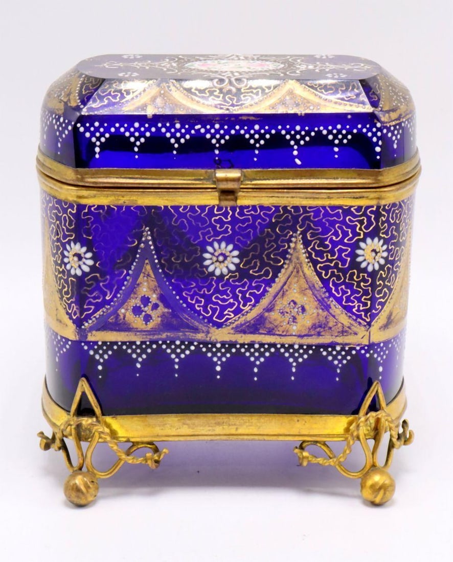 19th C. Bohemian Glass-Mounted Cobalt Trinket Box (1 of 5)