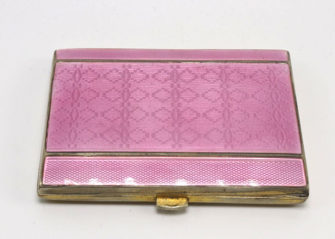 English Pink Guilloché Enamel and Sterling Silver Cigarette Case (1 of 4)