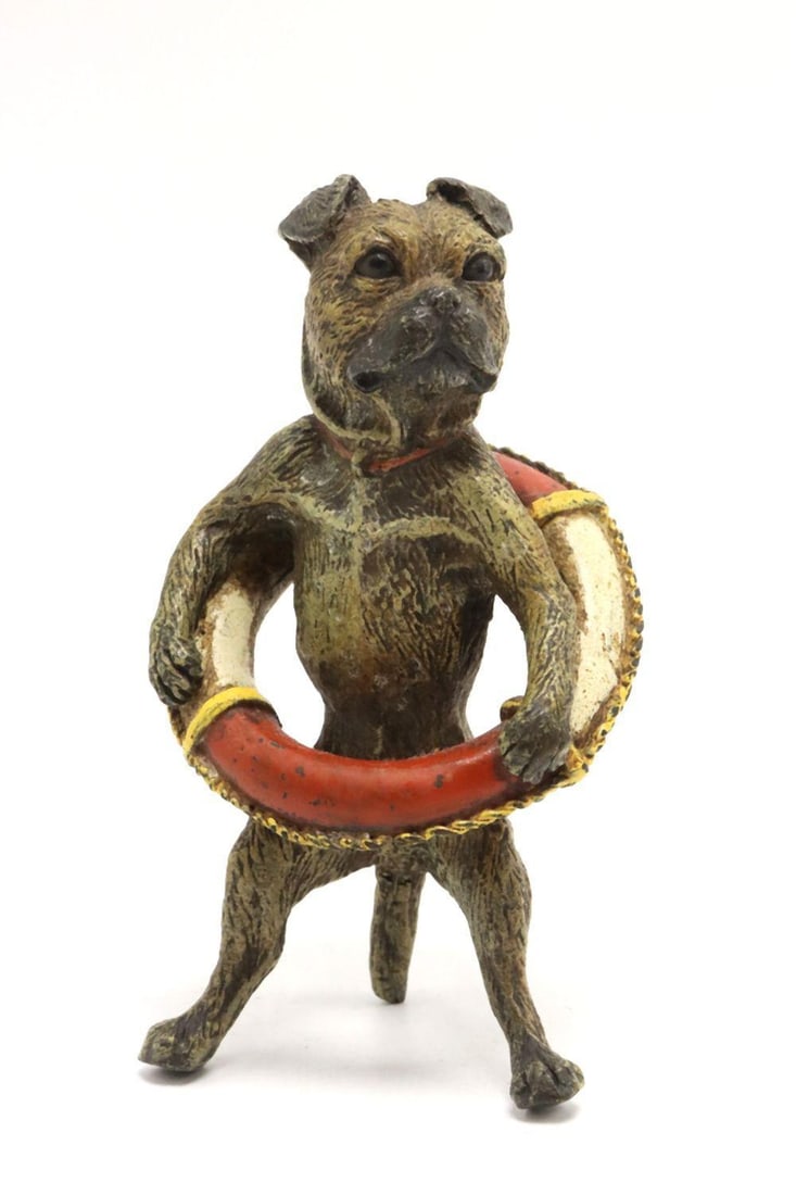 Franz Bergmann Cold Painted Bronze Dog Sculpture: Franz Xaver Bergmann (Bergman) (Austrian, 1861–1936) Cold painted bronze bulldog sculpture depicted standing upright and holding a buoy, executed in the whimsical figural manner associated with