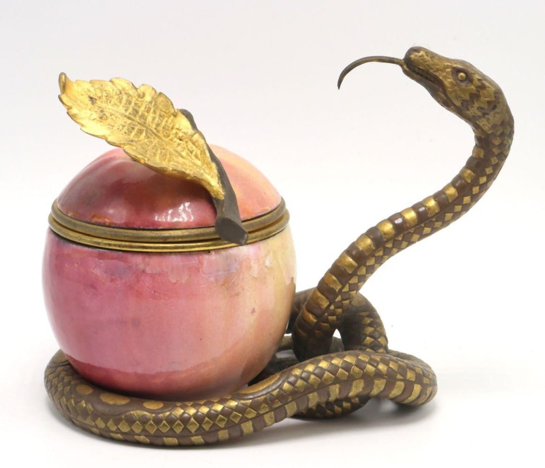19th C. Bronze Serpent and Enamel Apple Nouveau Inkwell: Continental European Bronze Serpent and Enamel Apple Nouveau Inkwell Late 19th century Measurements: 4 1/2 in. W × 5 in. H × 3 1/4 in. D Gilt bronze and enamel. A Continental European