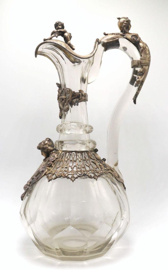 Late 19th C. Silvered-Mounted Crystal Art Nouveau Ewer (1 of 8)