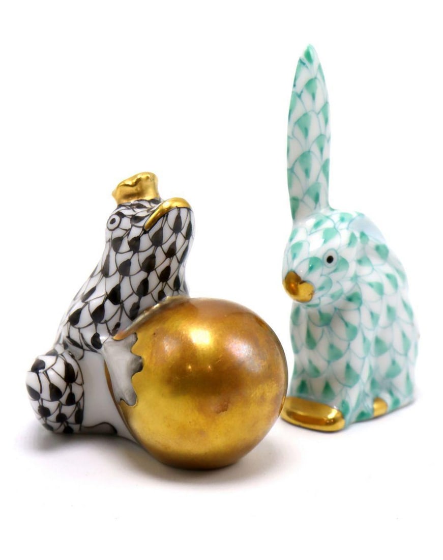 Pair of Herend Porcelain Rabbit & Toad Figures: Herend Porcelain Manufactory (Hungarian, founded 1826) Rabbit, 5338 and Toad, 15369 Figurines Late 20th Century Measurements: range from approximately 1" high x 1 1/2" wide to 2 1/4" high