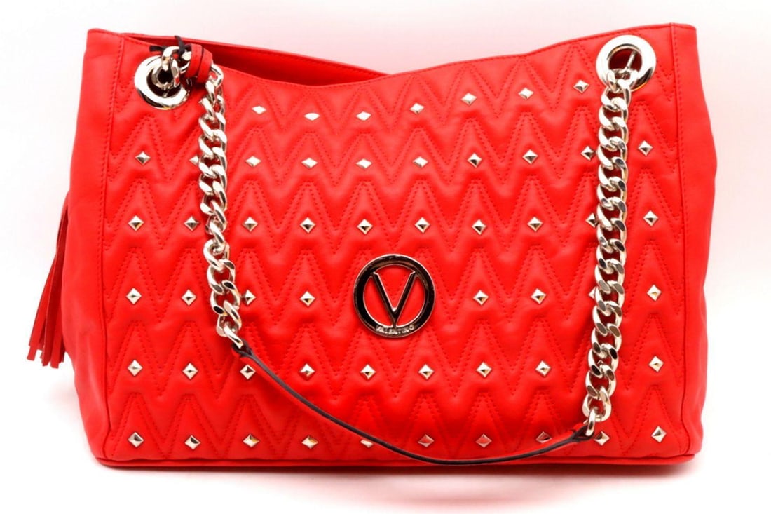 Valentino "Luisa" Red Studded Leather Shoulder Bag: Valentino “Luisa” Red Studded Leather Shoulder Bag Measurements: 16 1/4" W x 11 1/2" L x 7" D Red leather shoulder bag by Valentino from the Luisa collection, designed with