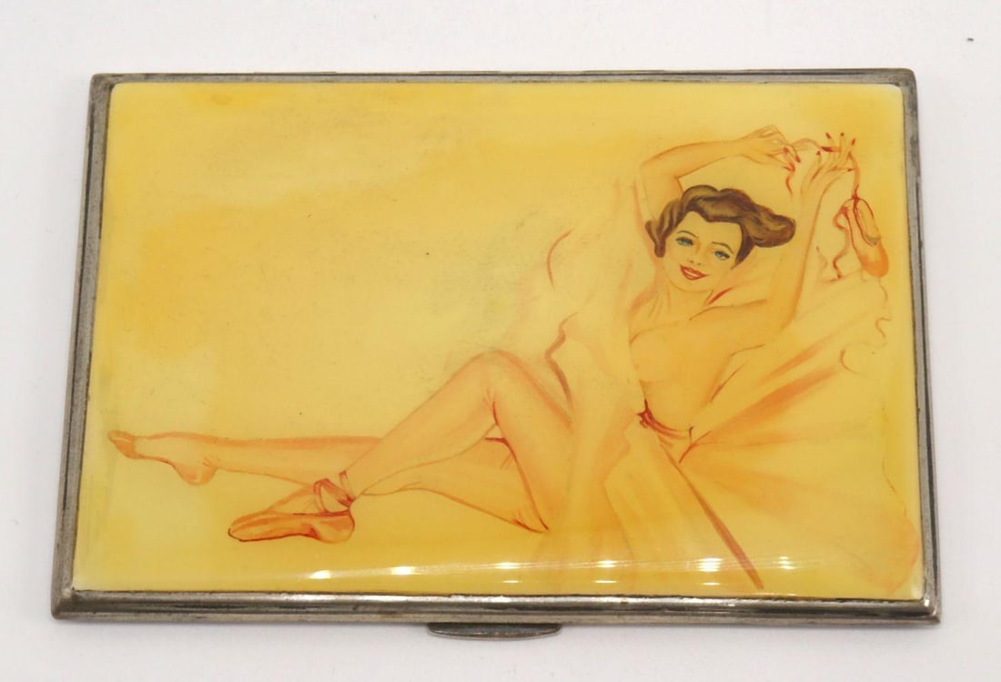 English Hand Painted Portrait Sterling Silver Cigarette Case: English Hand Painted Portrait Sterling Silver Cigarette Case Measurements: Approximately 5 in. long × 3 1/2 in. wide Weight: approximately 6.10 troy oz Sterling silver cigarette case with hand-