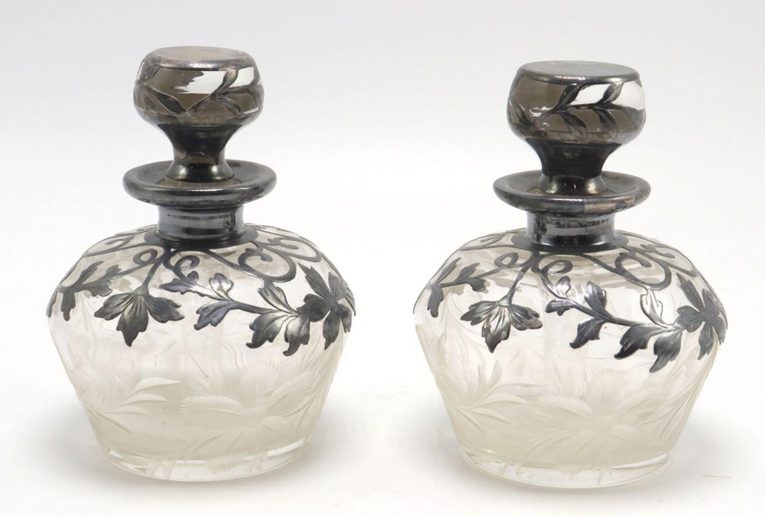Early 20th C. American Sterling Overlay & Crystal Perfume Bottles (1 of 4)