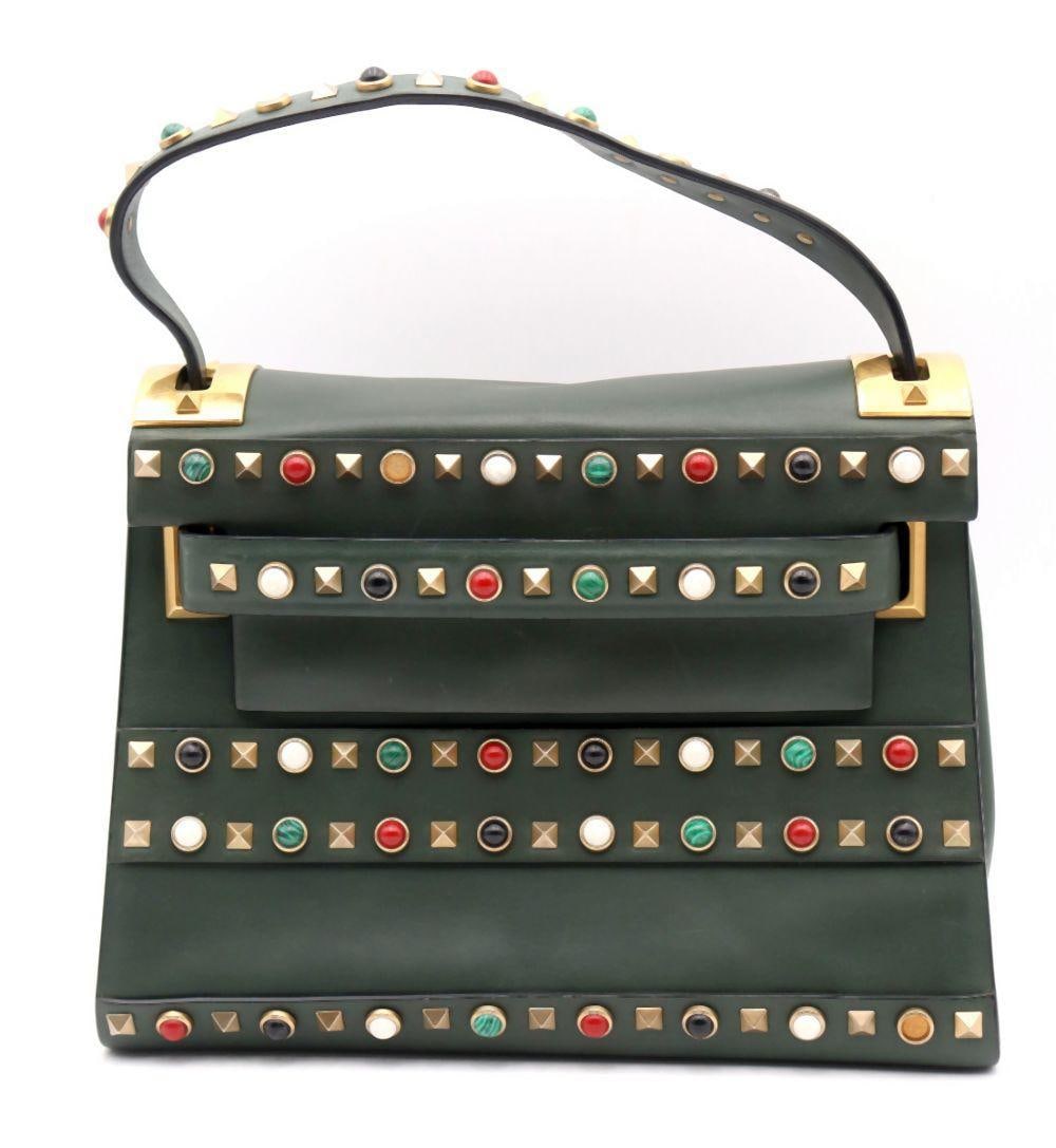 Valentino Military Green "My Rockstud" Top Handle Bag: VALENTINO Military Green “My Rockstud” Top Handle Bag Rendered in refined military green leather, Valentino’s “My Rockstud” top handle bag presents a sculptural,