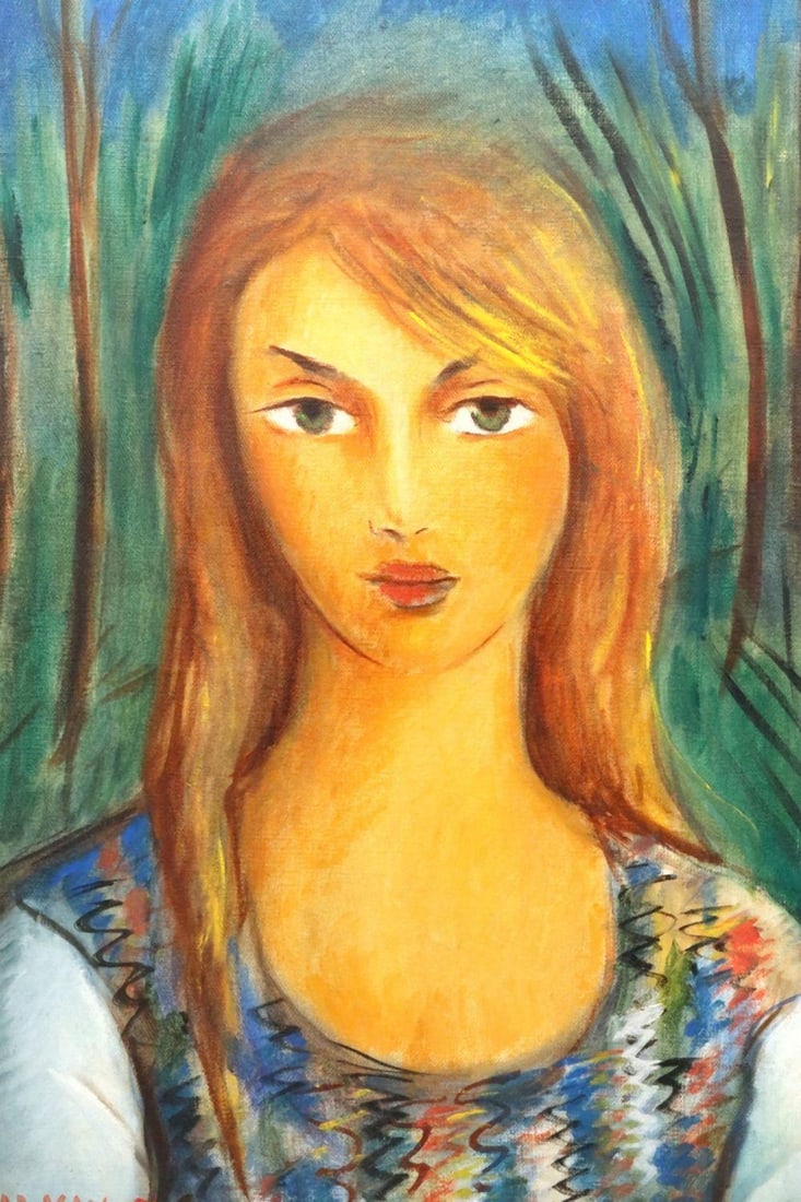 Attr. Victor Manuel García "Portrait of a Young Woman" Oil on Canvas: Attributed to Victor Manuel García (Cuban, 1897–1969) Portrait of a Young Woman (Retrato de Joven) Circa 1950s Oil on canvas Measures approx. - 20" x 16" This portrait presents a s