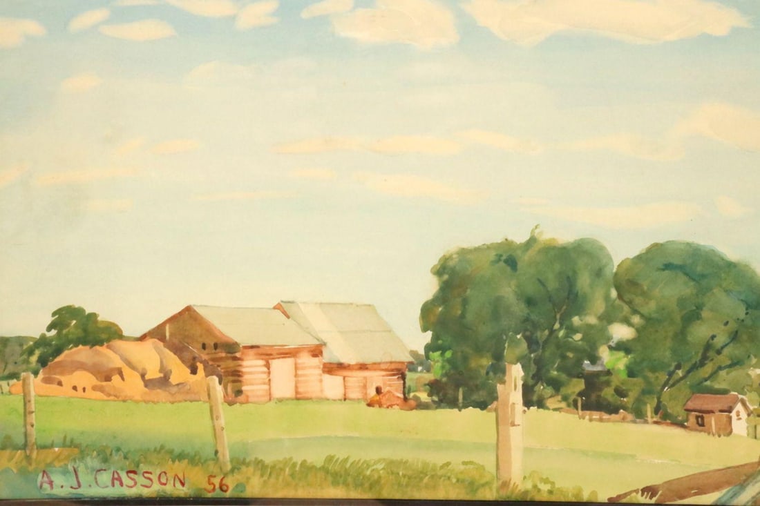 Attr. Alfred Joseph Casson "Barns at Greenfield Quebec" Watercolor on Paper: Attr. Alfred Joseph Casson (Canadian, 1898–1992) Barns at Greenfield Quebec 1956 Watercolor on paper Measurements: approx. 14 1/2 in. W x 9 3/4 in. H Frame: approx. 25 5/8 in. W x 18 1/2 in. H A wat