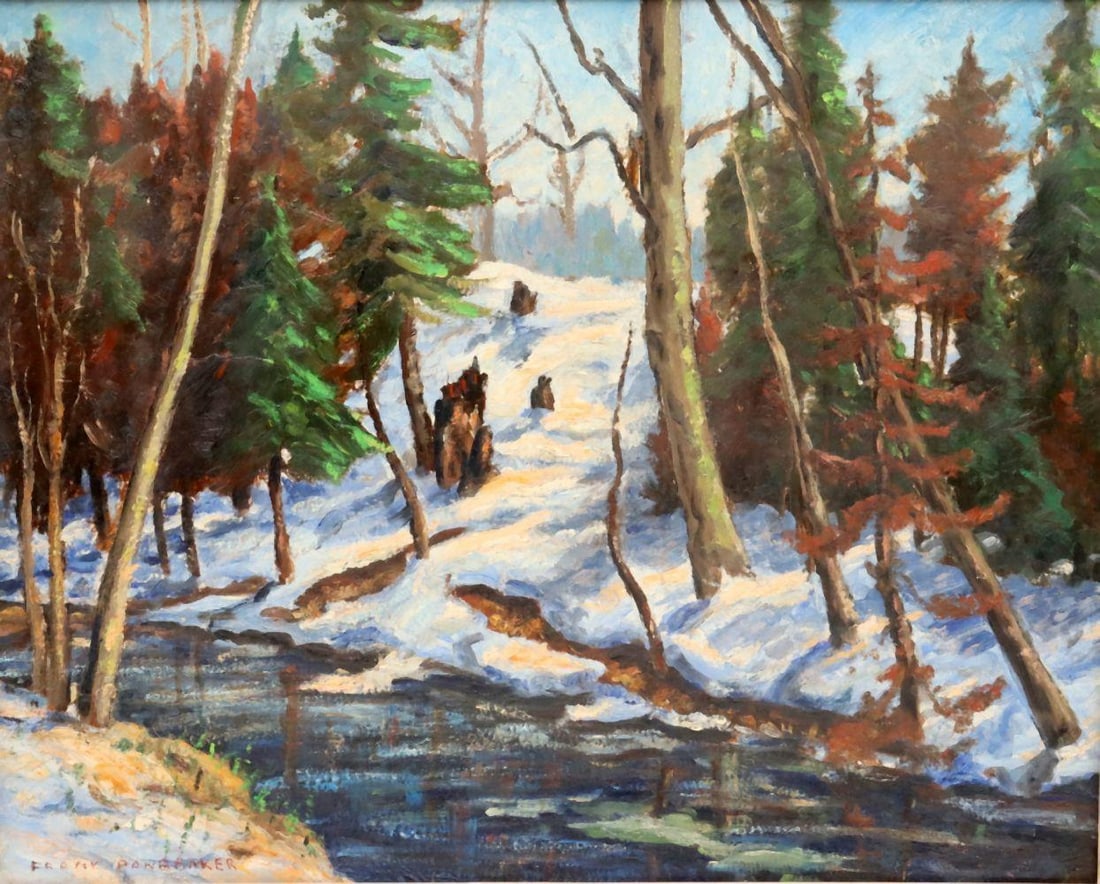 Attr. Frank S. Panabaker "Stream in Winter" Oil Painting on Panel: Attributed to Frank S. Panabaker (Canadian, 1904–1998) Stream in Winter circa 1950 Oil on panel Measurements: approx. 19 1/4 in. W x 15 1/2 in. H Frame: approx. 22 in. W x 18 in. H A textured oi