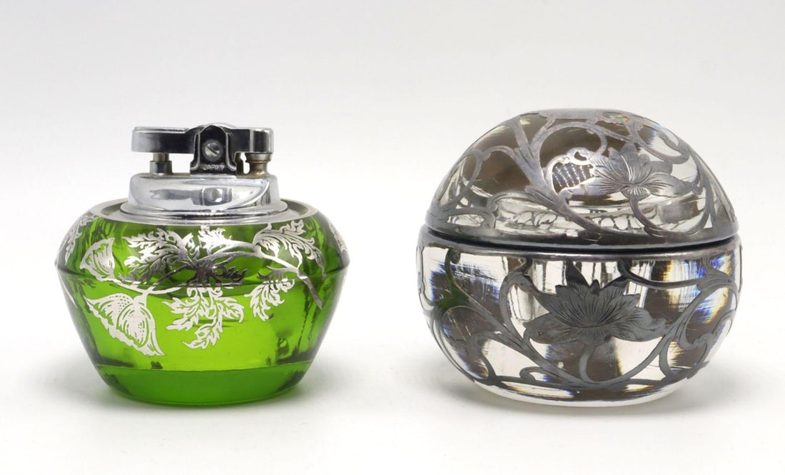 Crystal & Silver Inkwell and Glass Enameled Table Lighter (1 of 5)