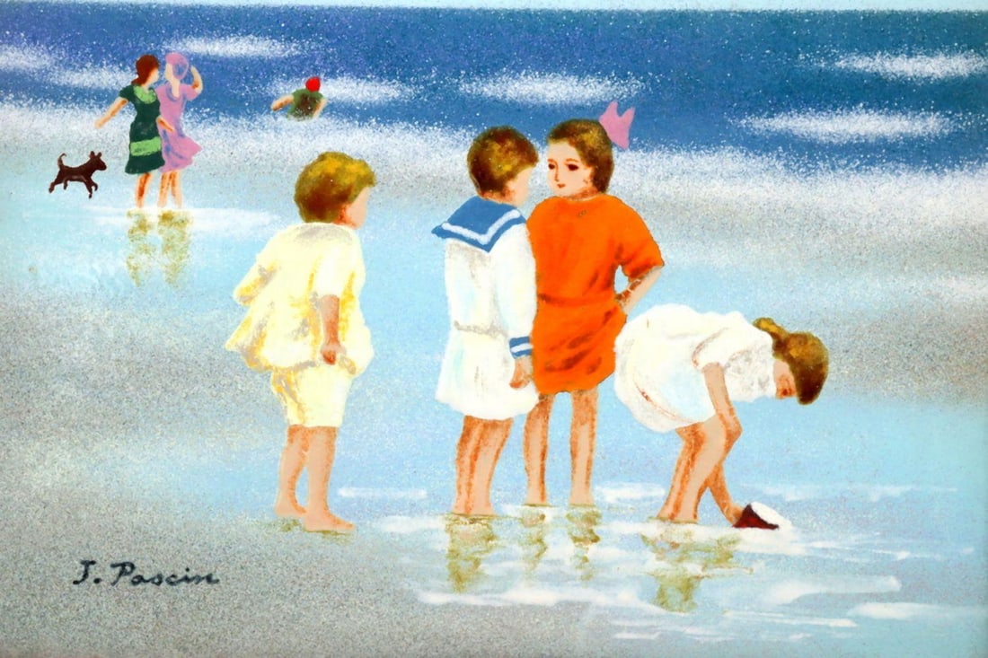 Jules Pascin "Children at the Shore" Gouache on Ceramic Plaque: Jules Pascin (French-American, b. 1885–d. 1930) Children at the Shore 20th C. Gouache on Ceramic Plaque Measures approx. - 9 1/2" x 8 1/2" Total with Frame approx. - 14 1/2" W x 13 1