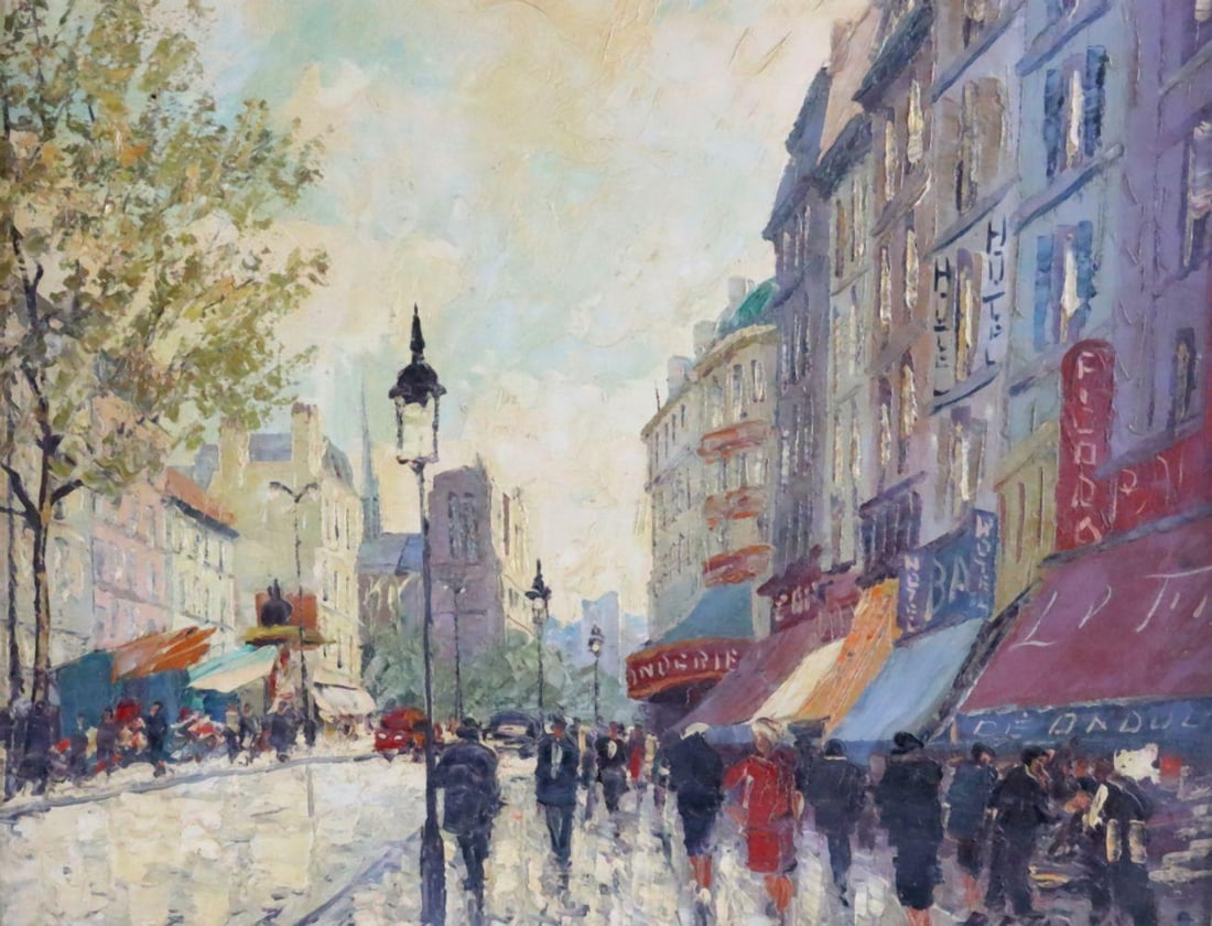 R. Bessier (French, 1899–1969) Oil Painting on Canvas: R. Bessier (French, 1899–1969) Downtown Scene Oil on canvas Circa 20th century 23 1/4" W x 19 1/2" H An oil painting on canvas by R. Bessier, executed with balanced composition and tradi