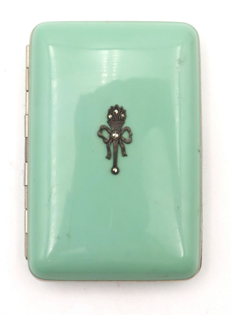Art Nouveau Cigarette Case: Art Nouveau Cigarette case, metal with marcasite decoration Circa early 20th century Measurements: 3 1/4 in. long x 2 1/4 in. wide Rectangular Art Nouveau cigarette case with softly rounded corners,