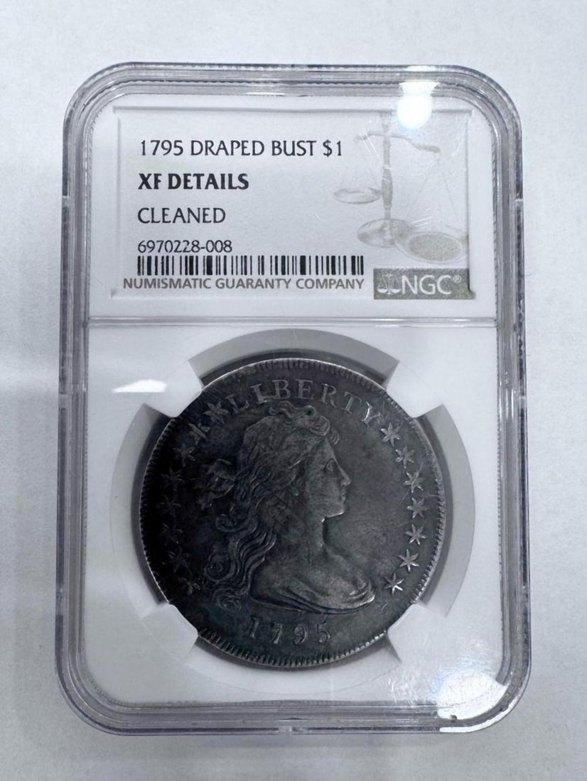1795 Draped Bust Silver Dollar NGC Certified: 1795 Draped Bust Silver Dollar NGC Certified Certified by Numismatic Guaranty Company (NGC). Early Draped Bust type featuring Liberty with flowing hair on the obverse and eagle reverse. An important e
