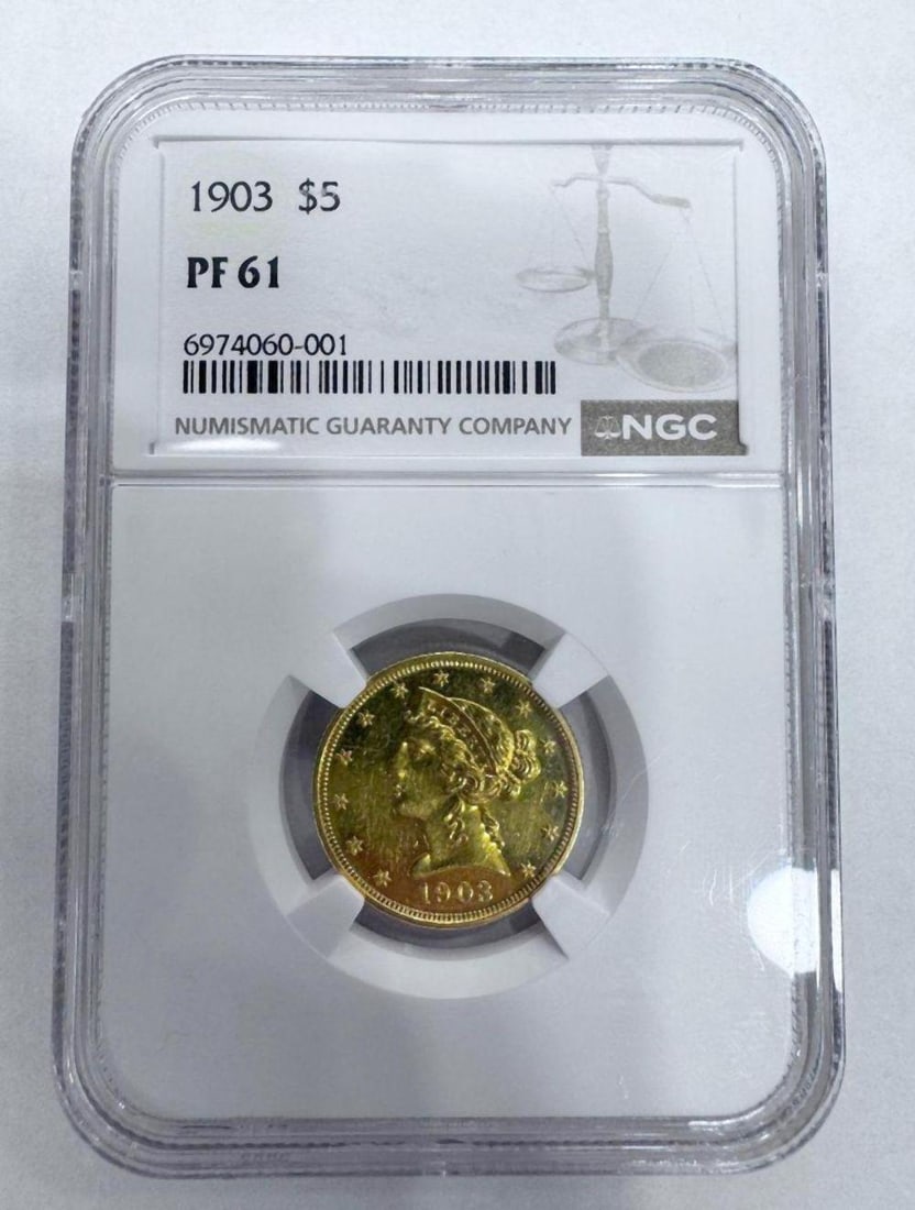 1903 Liberty Head Half Eagle NGC PF61: 1903 Liberty Head Half Eagle NGC PF61 Certified by Numismatic Guaranty Company (NGC) as Proof 61. This gold $5 proof issue displays reflective fields with sharp design detail and light handling marks