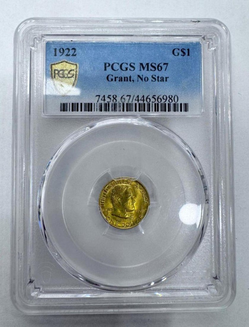 1922 Grant Memorial Gold Dollar, No Star PCGS MS67: 1922 Grant Memorial Gold Dollar, No Star PCGS MS67 Certified by Professional Coin Grading Service (PCGS) as Mint State 67. Commemorative gold $1 issue struck in honor of Ulysses S. Grant, No Star vari