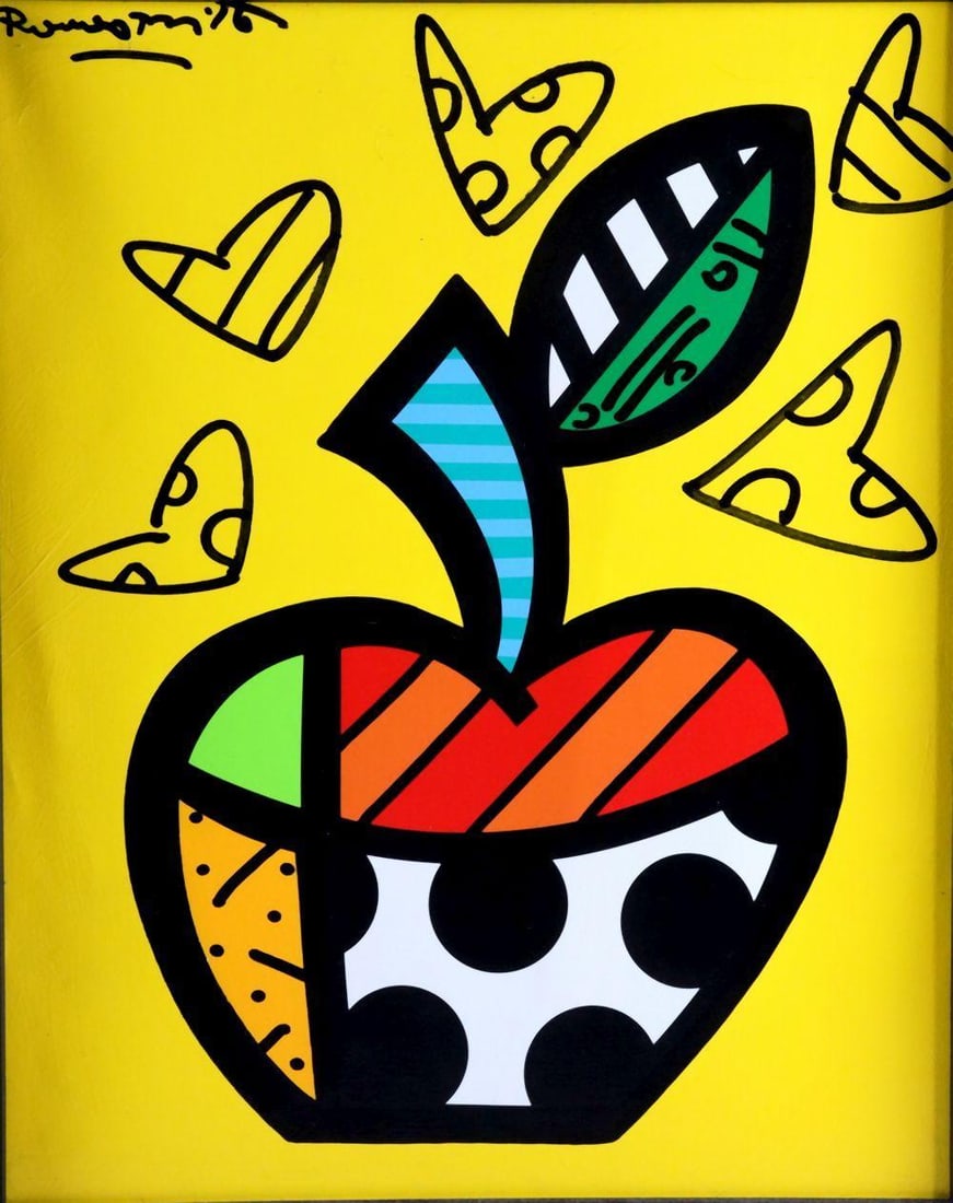 Romero Britto (Brazilian, b. 1963) "Yellow Apple" Mixed Media on Canvas: Romero Britto (Brazilian, b. 1963) Yellow Apple Mixed media on canvas 20" H x 16" W Framed: 28 5/8" H x 24 1/2" W A mixed media on canvas work titled Yellow Apple by Brazilian artist R