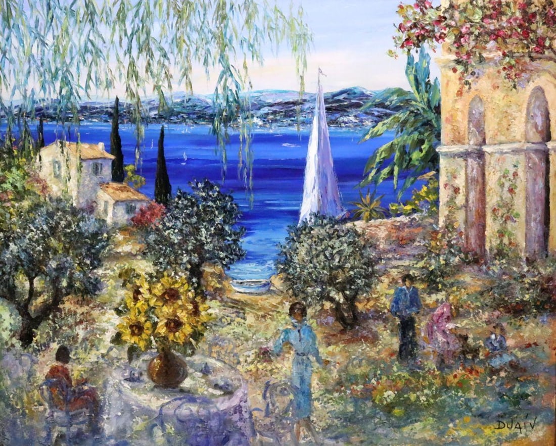Duaiv (French, b. 1952) "Sunday in the Garden" Oil Painting on Canvas (1 of 9)