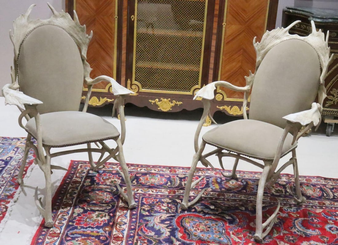 Arthur Court (American, 1928–2015) “Antler” Aluminum Arm Chairs: Arthur Court (American, 1928–2015) “Antler” Arm Chairs, Pair Cast aluminum with white patina Apparently unmarked Circa 1970s 41 1/2" H x 28 3/4" W x 36" D A striking pair