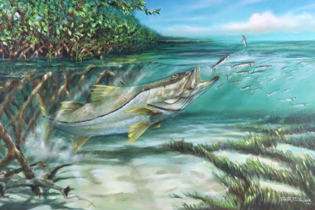 Pasta Pantaleo "Mangrove Mama" Oil Painting on Canvas: Pasta Pantaleo (American, 20th/21st century) Everglades Oil on canvas, signed and dated ‘05 Circa 2005 23 1/2" H x 39 1/2" W An oil painting titled “Mangrove Mama,” depicting