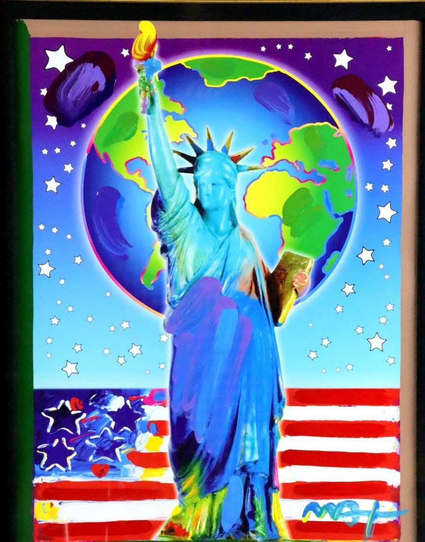 Peter Max (American, b. 1937) "Peace on Earth II" Mixed Media on Paper: Peter Max (American, b. 1937) Peace on Earth II Mixed media painting on paper 23 1/2" H x 17 1/2" W Framed: 37 1/2" H x 31 1/2" W A mixed media painting on paper titled Peace on Earth