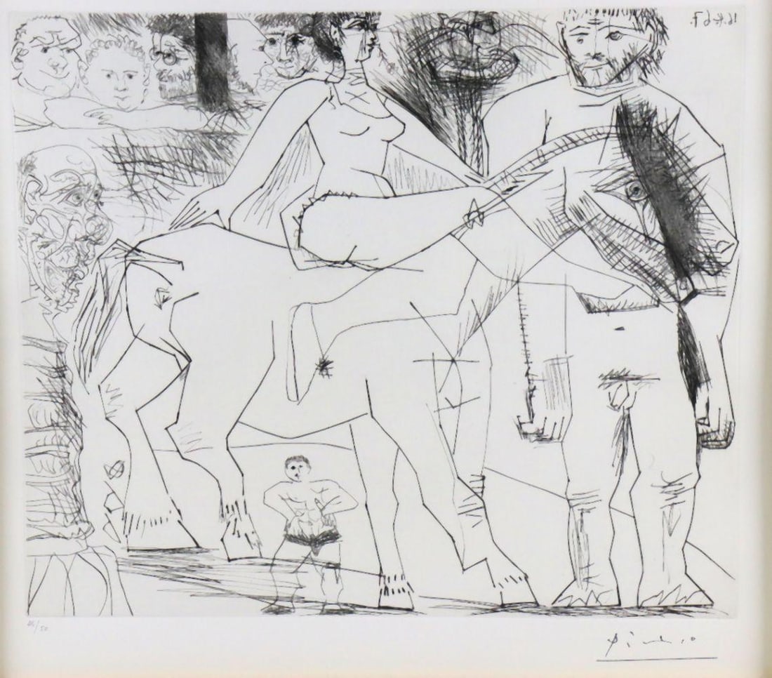 After Pablo Picasso Lithograph Etching: After Pablo Picasso (Spanish, 1881-1973) Lithograph Etching. Measures approx. - 15" W x 14" H, total with frame approx. - 24" W x 23" H. Numbered "25/50", signed in plate lower