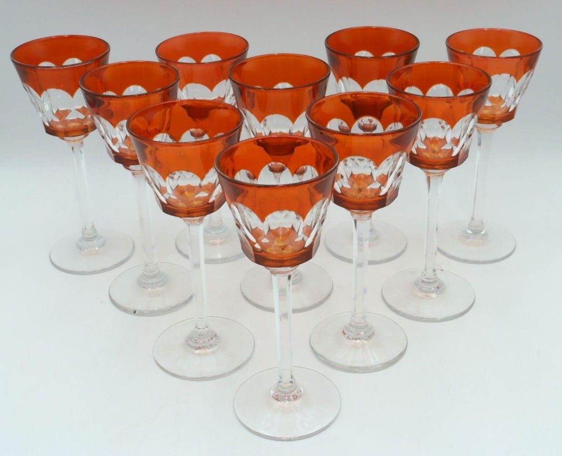10 Pc. Antique Baccarat Crystal Rhine Wine Glasses: Baccarat “Harcourt Style” Rhine Wine Glasses, Set of 10 French 19th Century 7 1/2" H x 3" D A set of ten antique Baccarat France Rhine wine glasses, each featuring an orange